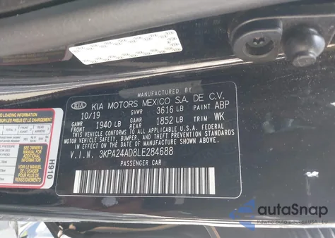 2020 Kia Rio S z USA, uszkodzony, nr VIN 3KPA24AD8LE284688